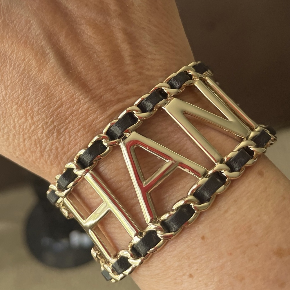 Chanel Gold metal leather chain entwined Logo Cuff